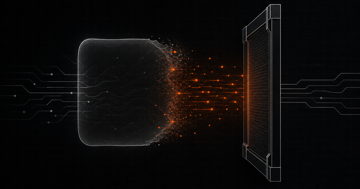 A dissolving context window sending signals toward a solid external security checkpoint